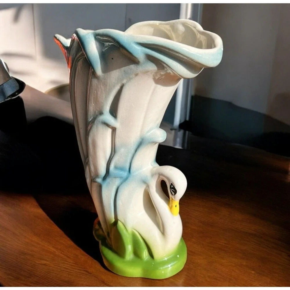 Vtg Swan Ceramic Vase Planter Blue Green‎ White MCM Unsigned McCoy Pottery Retro